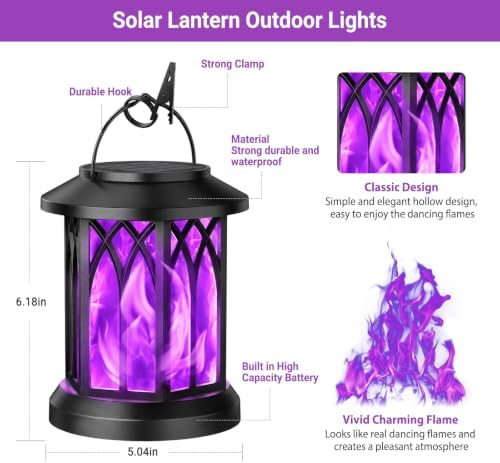 KOOPER 4 Pack Solar Lantern Outdoor Lights, Upgraded Flickering Flame Solar Lanterns Lights Outdoor Waterproof, Hanging Lantern Decorative, Solar Powered Lanterns for Yard Garden Decor (Purple Light)