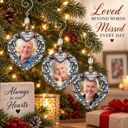 Memorial Photo Ornament for Loss of Loved One, Forever in Our Hearts Silver Heart Ornament with Angel Wings, Personalized Picture Memorial Christmas Ornament, Sympathy Gift, 3 Pack with Storage Bag