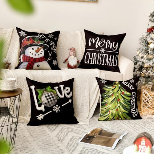 AVOIN colorlife Merry Christmas Let It Snow Love Snowman Black Throw Pillow Covers, 18 x 18 Inch Xmas Tree Holiday Cushion Case Decoration for Sofa Couch Set of 4