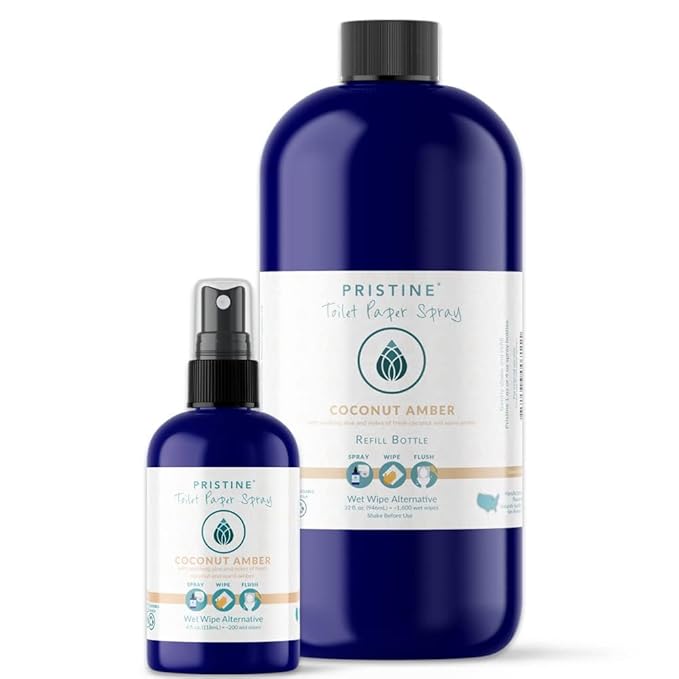 PRISTINE Toilet Paper Spray, As Seen on Shark Tank, Flushable Wipe Alternative, Personal Cleansing Bathroom Spray for Regular Toilet Tissue, Bidet Alternative, Made in USA, Coco Amber, 32oz