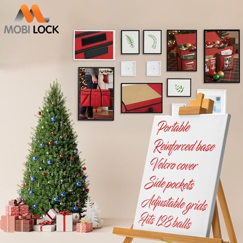 Christmas Ornament Storage Box with Dividers & Pockets - Holiday Ornament Organizer Bag - Holds 128 Balls - Durable Red Fabric Container with Handles - Foldable Xmas Decorations Storage - by Mobi Lock