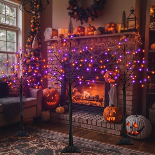 Set of 3, 4ft 5ft 6ft Lighted Black Halloween Tree with Orange Purple Light