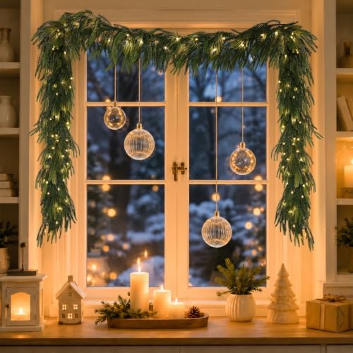 N&T NIETING 9FT Christmas Norfolk Pine Pre-Lit Garland with 70 LED Lights Real Touch Prelit Garland Christmas Greenery Garlands for Table Mantle Fireplace Stairs Indoor Outdoor Xmas Decorations