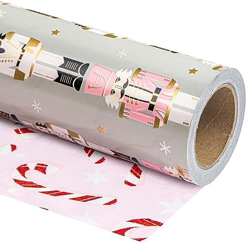 WRAPAHOLIC Reversible Nutcracker Christmas Wrapping Paper - Mini Roll - 17 Inch x 33 Feet - Nutcracker and Candy Cane Design Printed on Pearlized Paper for Chrsitmas, Holiday, Party Celebration