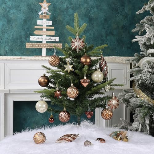 82Pcs Bronze Copper Fall Ornaments for Tree Set, Shatterproof Brown and Gold Christmas Tree Decorations for Home Assorted Plastic Baubles Ball Ornaments for Xmas Party Decor (Copper & Gold)