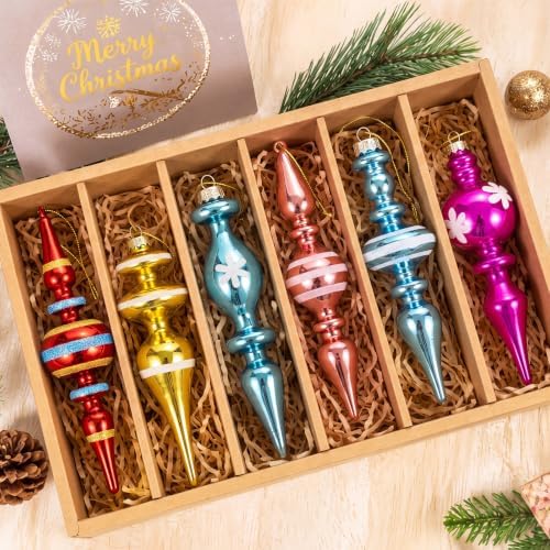 Soulchen 6 Pcs Vintage Glass Finial Christmas Ornaments Bright 6-6.8 Inch