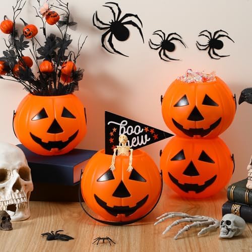 Beeveer 8 Pcs Plastic Pumpkin Buckets, Halloween Candy Baskets, Funny