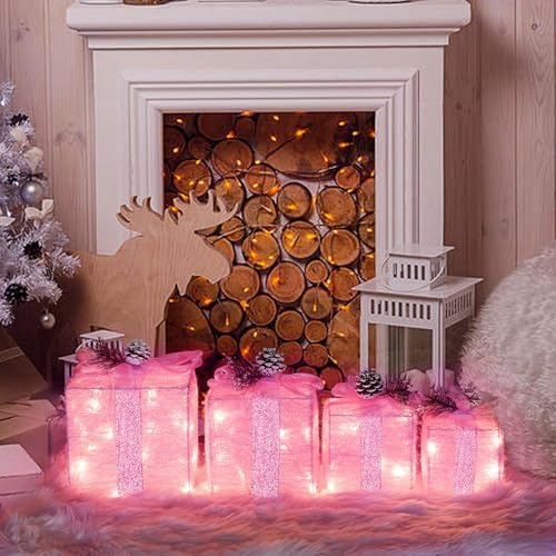 Set of 4 Christmas Lighted Gift Boxes, Pink Present Holiday Decor