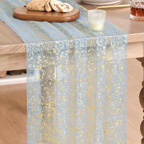 Artoid Mode 6PC Gold Gauze Light Blue Table Runner 120 Inch 10FT, Glitter Metallic Foil Sheer Dining Wedding Anniversary Holiday Birthday Table Decor for Home Party