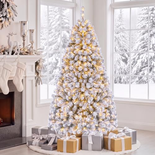 HAPPYGRILL 6FT Pre-Lit Christmas Tree Premium PVC Needles, 600 Branch Tips Flocked Snow Hinged Pine Tree with Solid Metal Stand 250 LED Lights Ideal for Holiday Decoration