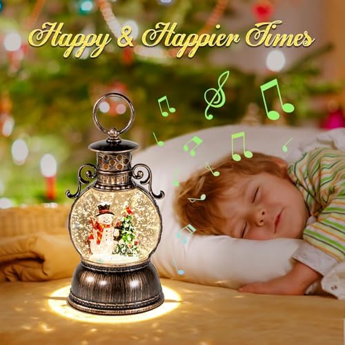 Vintage Christmas Lantern Snow Globe Lighted Musical Water Lantern with Swirling Glitter Snowman Scene, 8 Holiday Songs, 6H Timer, USB/Battery Operated Holiday Table Decor Gift