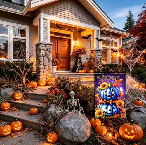 Large Halloween Blue Pumpkin Welcome House Flag for Outside 28 x 40 Inch
