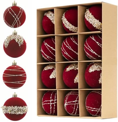 12Pcs Red Velvet Christmas Ornaments 2.36 in Balls for Christmas Tree Deco