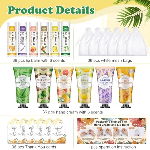 KONEUK 36 Pack Hand Cream Bulk and Lip Balm Bulk Sets, Party Favors