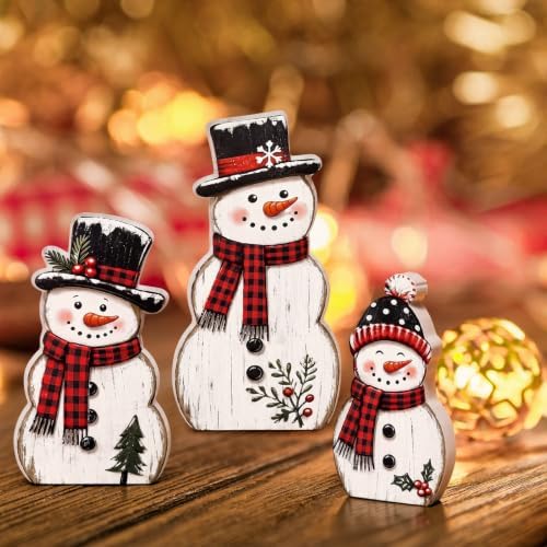 Barydat 3 Pcs Christmas Snowman Table Decoration Winter Snowman Wood Sign