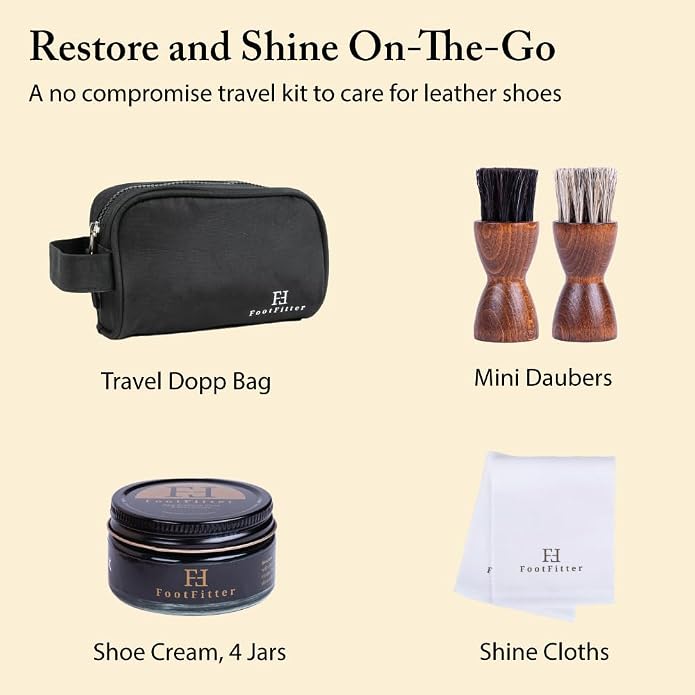 FootFitter Travel Shoe Shine Kit, Conditioning Creams & Applicators | Compact Leather Conditioning Applicators, Premium Shoe Creams, Shine Cloths & Travel Bag for On the Go Shoe Care