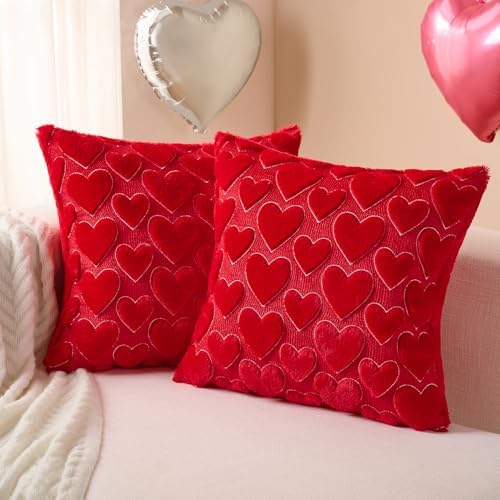 Softalker Red Heart Pillow Covers 18 x 18 Inch Set of 2, Mother's Day Decorative Soft Faux Fur Cushion Covers, 3D Embroidered Pillow Cases for Spring Summer Home Decor