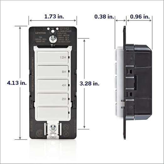 Leviton Countdown Timer Switch for household lights, heaters and exhaust fans, 2-4-8-12 hour, No Neutral Wire Required, Single Pole, 15A, 1/2 HP/9.8A Fan/Motor, DT112-1LW, White
