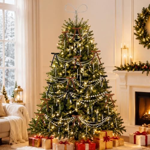 46 Pcs Christmas Tree Decorations Bow Topper Ornaments Transparent Beaded Necklace Acrylic Thread Icicle Christmas Tree Hanging Ornaments for Xmas Home Office Decorations