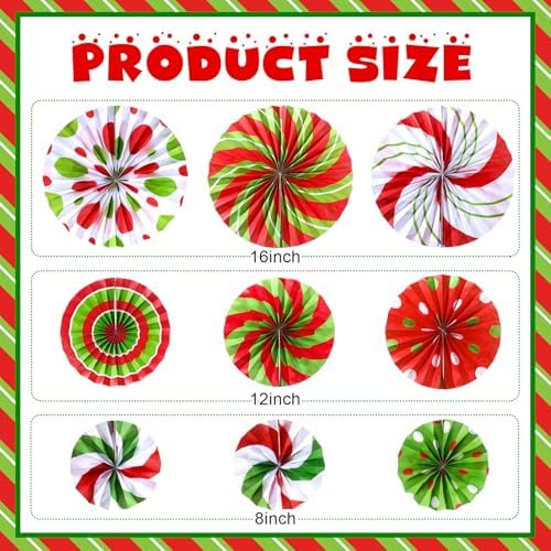 Outus 9 Pcs Christmas Hanging Decorations Candy Paper Fans Red and Green