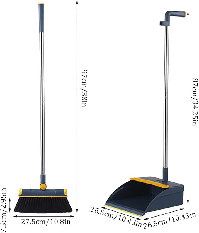 Broom and Dustpan Set, Cleaning with Dustpan Teeth, Stand up Broom & Dustpan Combo, Long Handle Broom with Dustpan Combo Set for Kitchen -ffice Lobby Floor and Dog Cat Pets Home Use