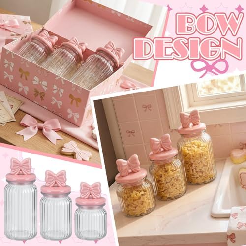 Mimorou 3 Set Pink Bow Candy Glass Jars with Ceramic Lids 44oz 33oz 22oz Summer Bow Cookie Jars Airtight Glass Food Storage Containers for Spring Summer Party Tea Cookie Snacks Sugar