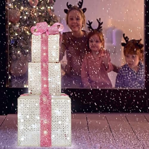 Lighted Gift Boxes Set of 3, Pink Christmas Décor Gift Boxes, Prelit 60 White Lights Present Box Lighted Display with Plug for Home Porch Outdoor Yard Valentines Day Pink Christmas Decorations
