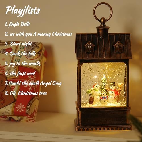 Christmas Snow Globe Lantern Water Glittering Snowman Family with Music, USB Lined/Battery Operated Lighted Lantern for Christmas Festival Decoration Gifts