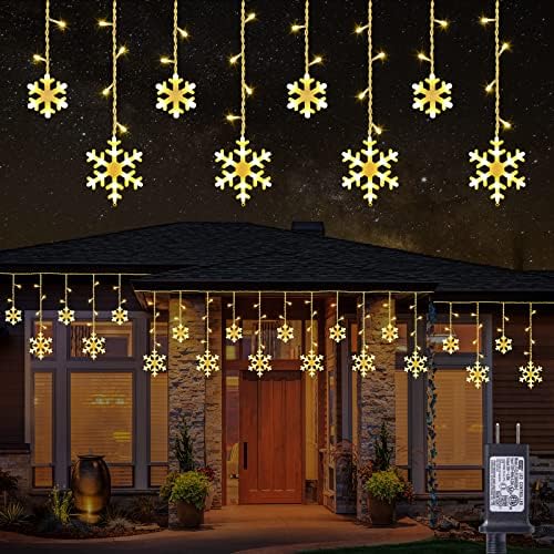 Christmas Snowflake Lights Outdoor, 17.22ft 264 LED Snowflake Icicle Lights with 22 Drops, 8 Modes connectable Plug In Christmas Light Waterproof for Eaves, Garden, Indoor & Outdoor Decor (Warm White)