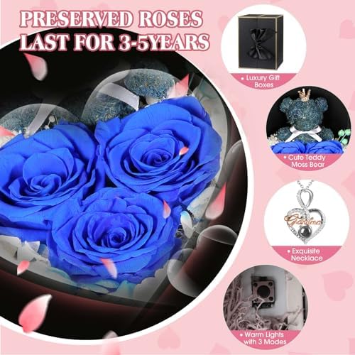 ADDWel Birthday Grandma Gifts, 925 Sterling Silver Grandma Necklace with Blue Preserved Real Roses & Teddy Bear, Birthday Gifts for Grandmother, Nana Gifts, Unique Jewelry Gift Box for Grandmother, Anniversary Presents