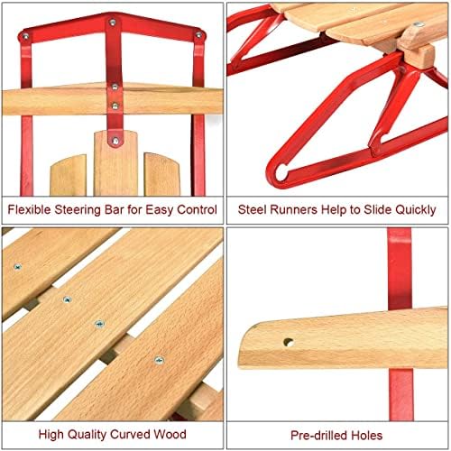 GLACER Wooden Sled, 54 Inches Snow Slider w/Metal Runners & Steering Bar, Sleigh Toboggan Pull Sled for Kids & Adults, Steel & Wood