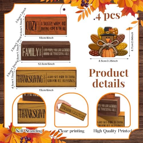 Moucuny 4 Pcs Thanksgiving Table Decoration, Cozy Turkey Wooden Block Signs