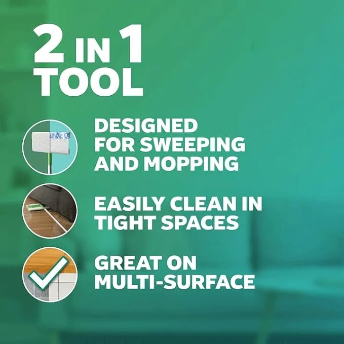 2-in-1 Dry + Wet Floor Mop & Sweep Kit - 1 Device with 5 Heavy Duty Dry Cloths & 3 Wet Cloths - No Dustpan/Bucket Needed, Safe for Tile/Hardwood/Vinyl