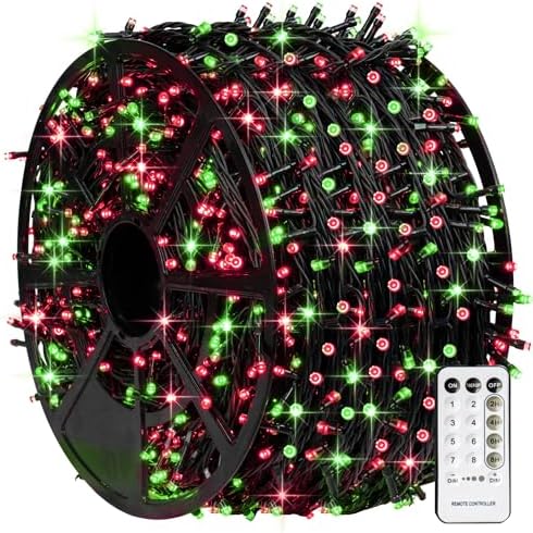 TW SHINE Red and Green Christmas Lights, 1000 LED 328FT Christmas Tree Lights Plug in with 8 Modes, Remote Waterproof Xmas String Lights Outdoor Indoor Decorations for House Yard Decor, ‎HB-500CO