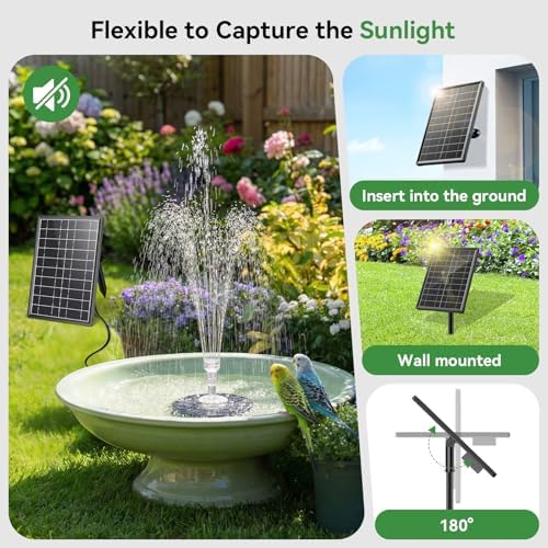 Antfraer 8W Solar Fountain Pump Built-in 3600mAh Battery & LED Lights, Solar Powered Water Pump with Double-Layer Nozzle & 5ft Tubing, Solar Water Fountain For Bird Bath Pond Garden DIY Water Features
