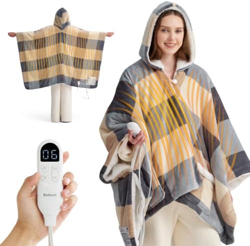 Bedsure Wearable Heated Blanket Hoodie Shawl, 55"x64", Beige Plaid Pattern