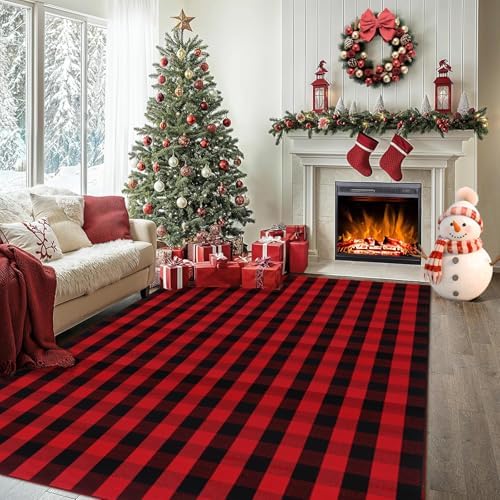 Christmas Red and Black Plaid Rug 8x10 ft, Extra Large Cotton Hand-Woven Buffalo Check Area Rug for Living Room, Bedroom, Patio, Christmas Holiday Farmhouse Decor, Washable Outdoor Indoor Carpet