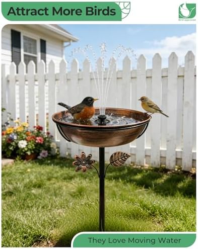 Metal Bird Bath with Solar Fountain, LED Lights & Battery Backup