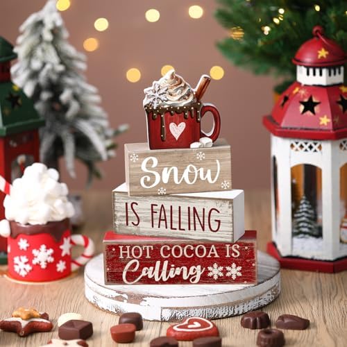 Lineshading 4 Pcs Christmas Table Decor, Hot Cocoa Wood Block Sign Home Set