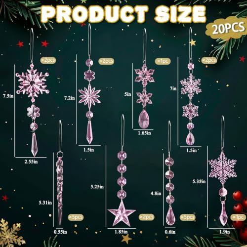 20pcs Crystal Christmas Ornaments for Christmas Tree Decorations-Light Pink Hanging Acrylic Snowflake and Icicle Ornaments with Drop Pendants for New Year Party Decorations Supplies