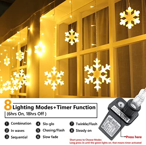 Christmas Snowflake Lights Outdoor, 17.22ft 264 LED Snowflake Icicle Lights with 22 Drops, 8 Modes connectable Plug In Christmas Light Waterproof for Eaves, Garden, Indoor & Outdoor Decor (Warm White)