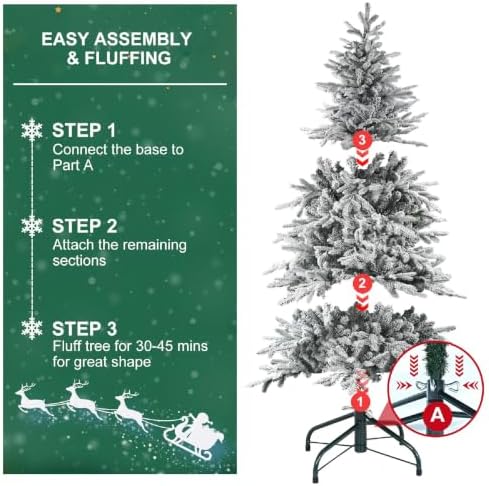 YUNKE 6FT Prelit Flocked Christmas Tree with Fluffy Tips & 9 Lighting Modes