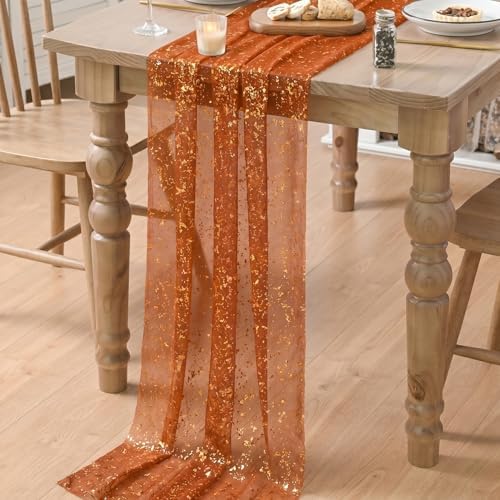 Artoid Mode Caramel Gold Gauze Table Runner 120 Inch 10FT, Glitter Metallic Foil Sheer Dining Wedding Anniversary Birthday Table Decor for Home Party