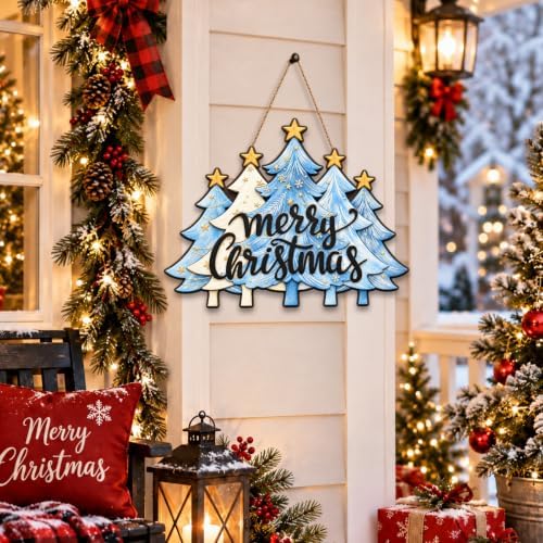Christmas Decorations Blue White Christmas Tree Merry Christmas Wood Sign