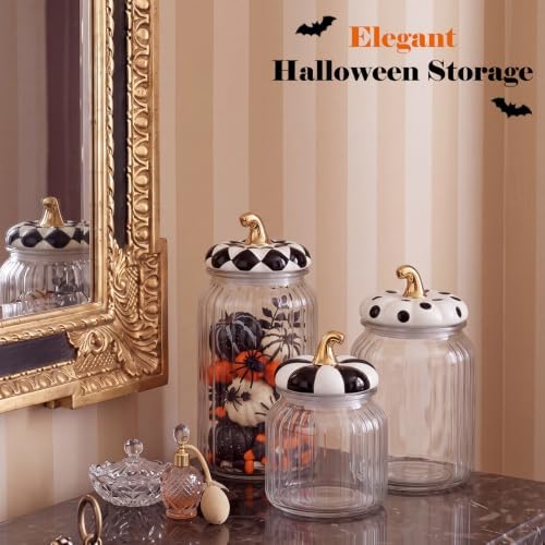 Mimorou 3 Set Halloween Glass Jar with Pumpkin Lid Black and White Boo Clear Candy Jar Food Storage Canister with Airtight Ceramic Lid for Halloween Party Tea Cookie Table Decoration