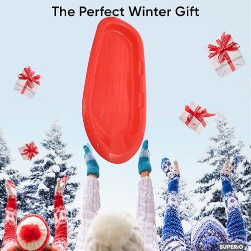 Superio Toboggan Snow Sleds for Kids and Adults, 36"/48" Heavy Duty Plastic Sliders with Handles and Hole for Pull Ropes- Kid and Adult Winter Fun