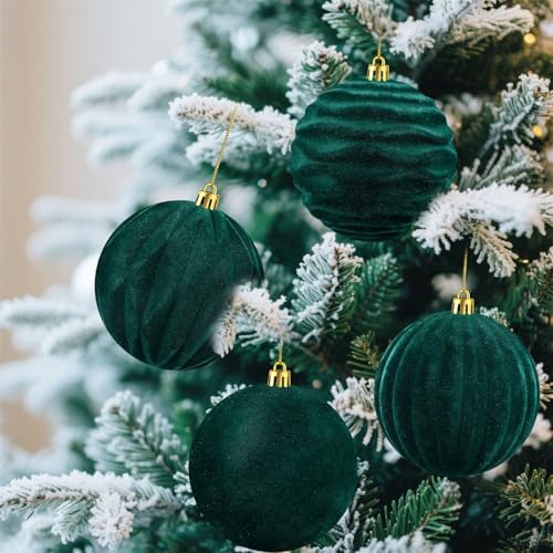 Liliful 4 Inch 12 Pcs Velvet Christmas Ornaments Balls, Dark Green