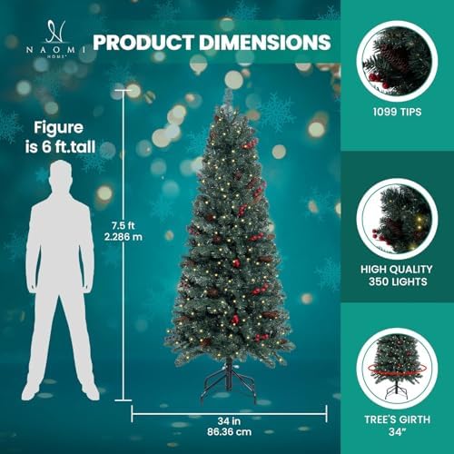 Naomi Home 7.5ft Pencil Christmas Tree with Lights