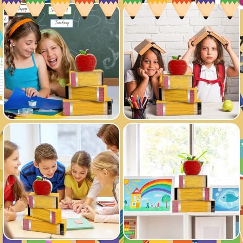 Lineshading 4 Pcs Back To School Table Decor Wooden Apple Block Signs