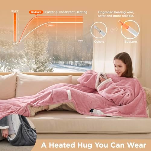 Bedsure Wearable Heated Blanket with Foot Pocket & Sleeves, 50x71+18", Pink